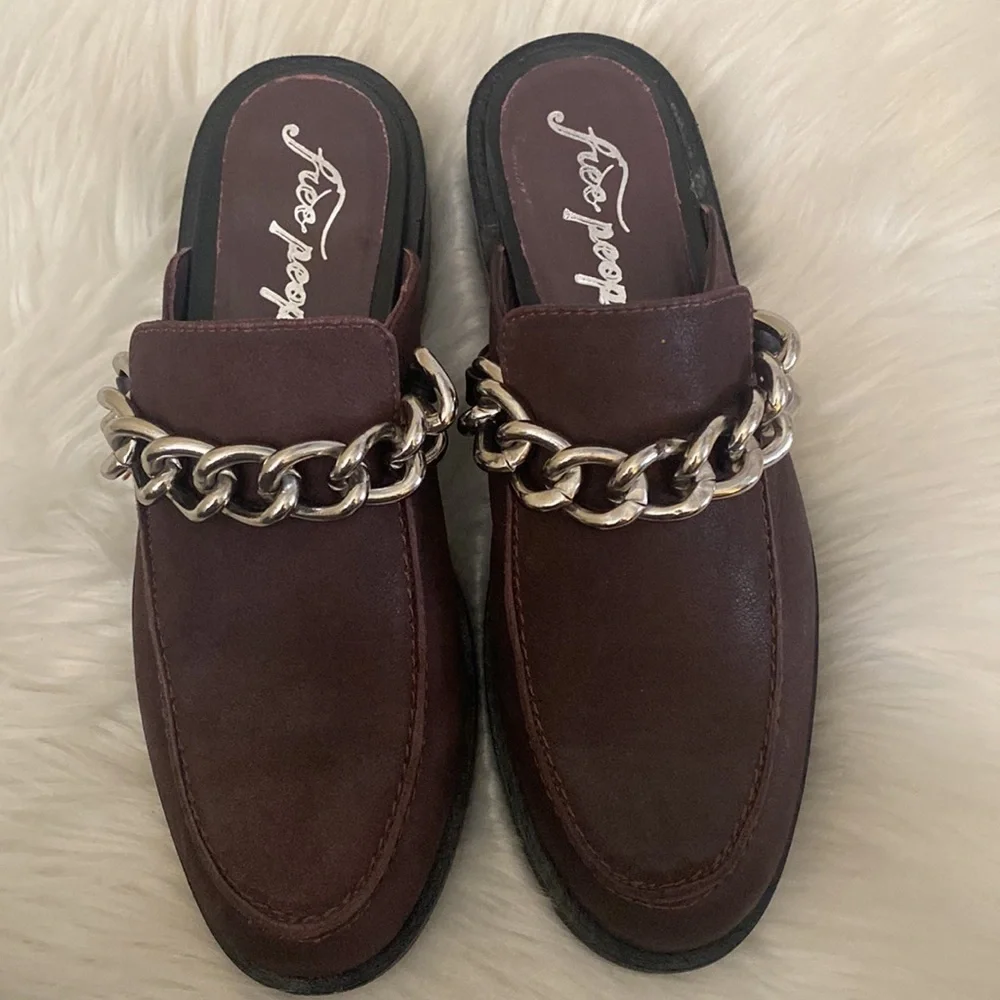 Free People Women’s Shoes Leather Loafer with Chain Color: Maroon